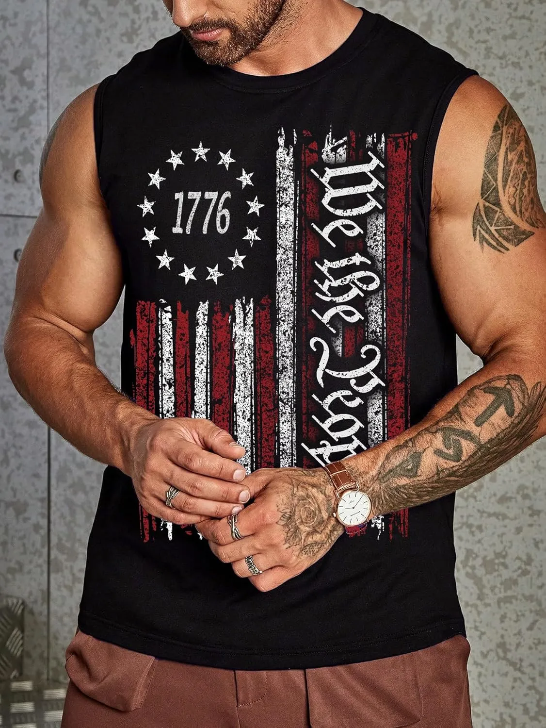 4th of July Shirts Mens Muscle Tank Top 1776 Sleeveless Graphic Gym Workout American Flag Shirt