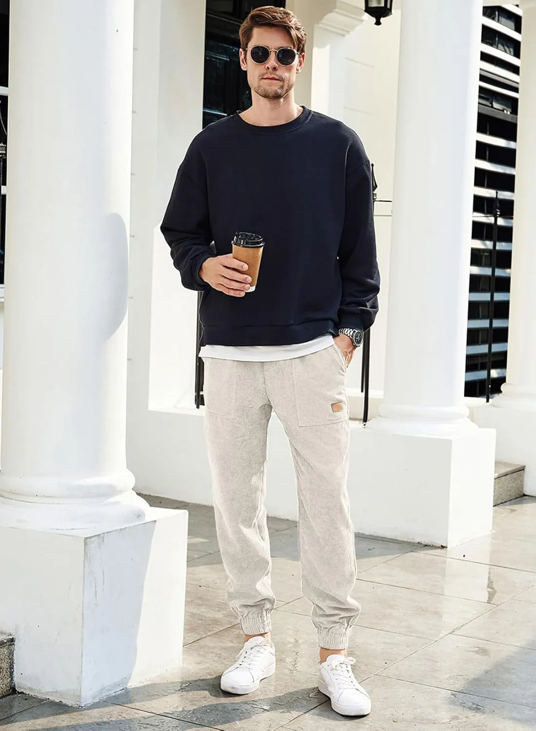 JMIERR Mens Corduroy Joggers Pants Casual Cargo Pants Drawstring Elastic Waist Baggy Tapered Sweatpants with Pockets