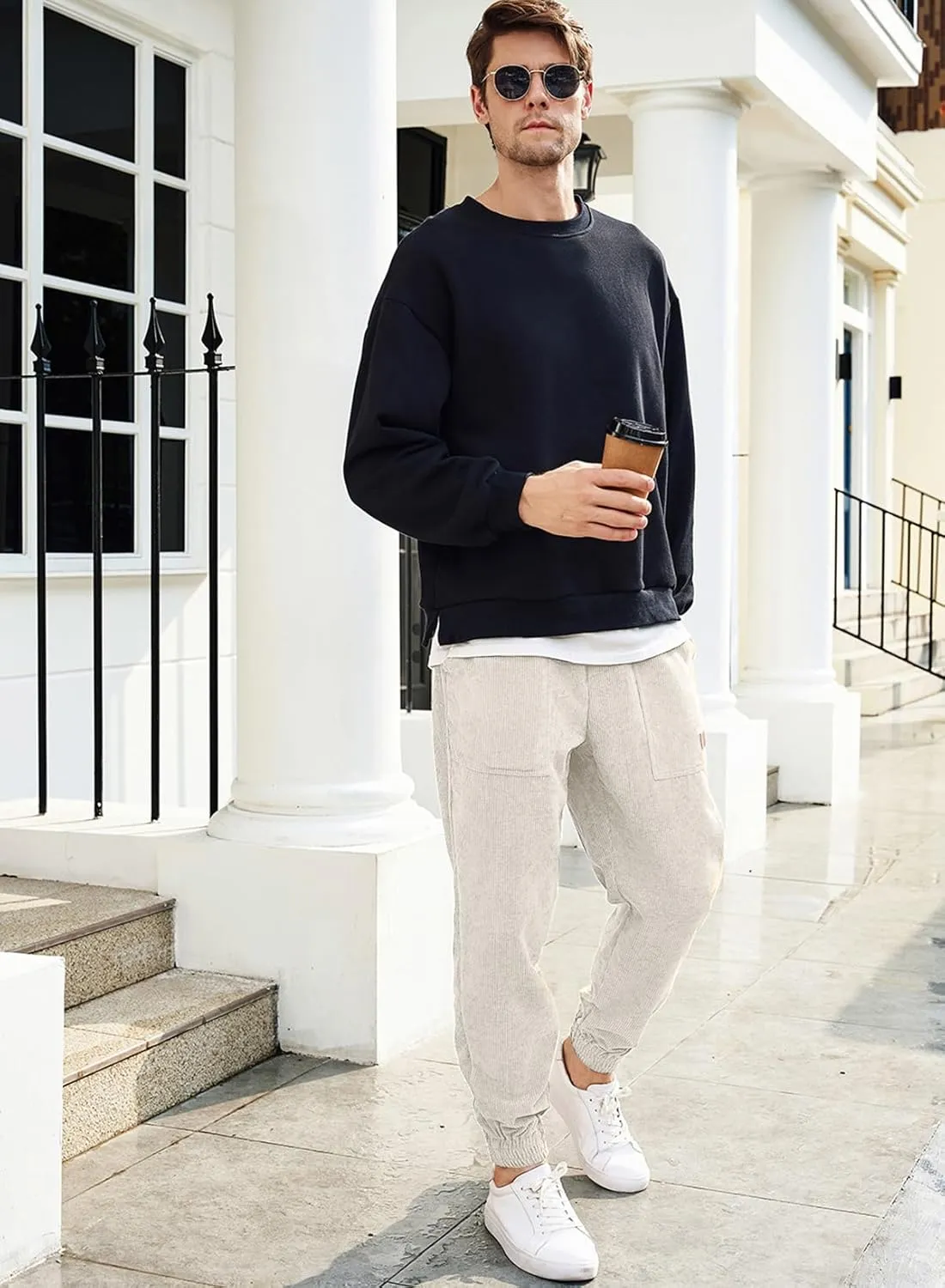 JMIERR Mens Corduroy Joggers Pants Casual Cargo Pants Drawstring Elastic Waist Baggy Tapered Sweatpants with Pockets