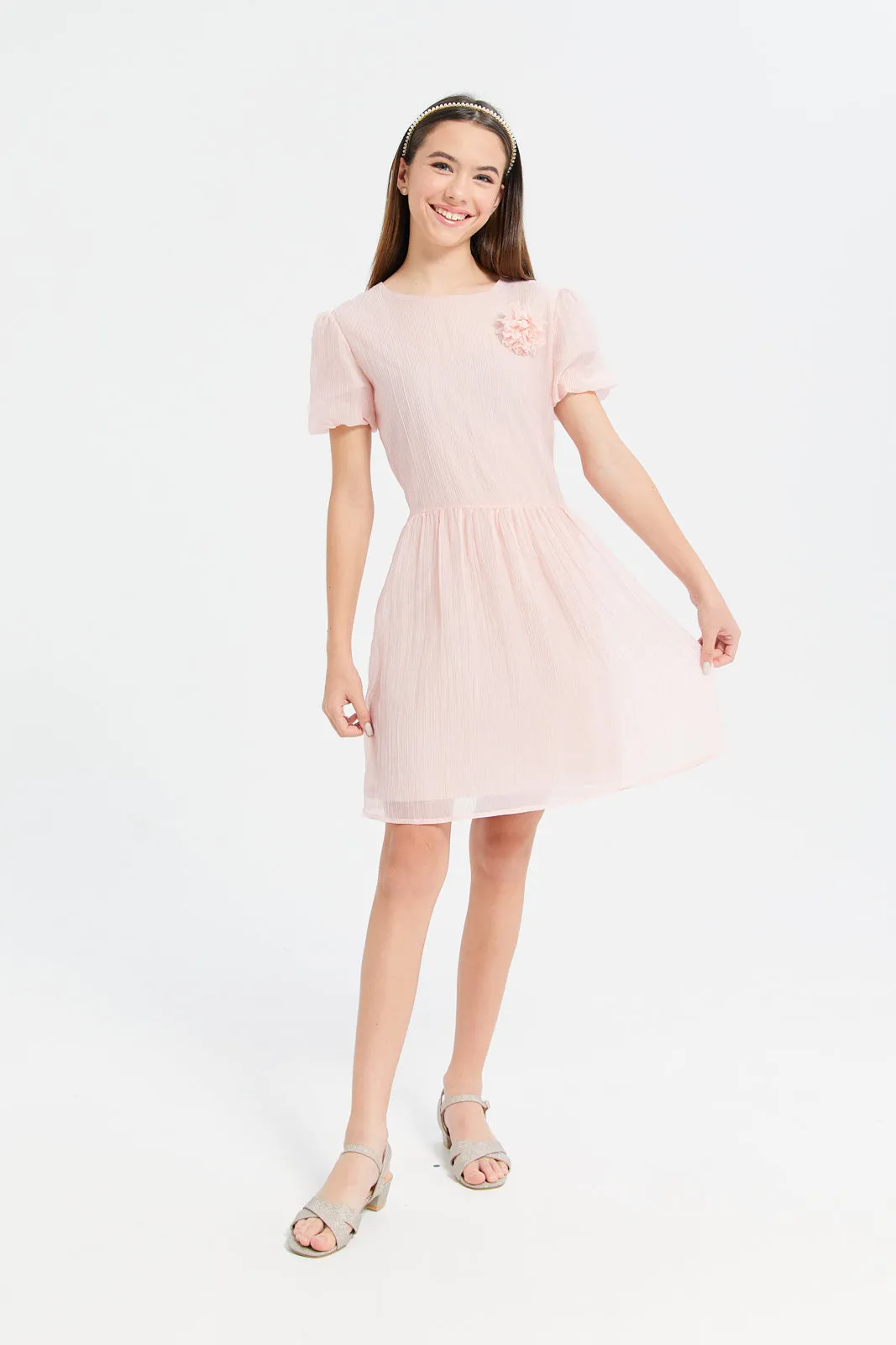 Senior Girls Pink Jacquard Dress
