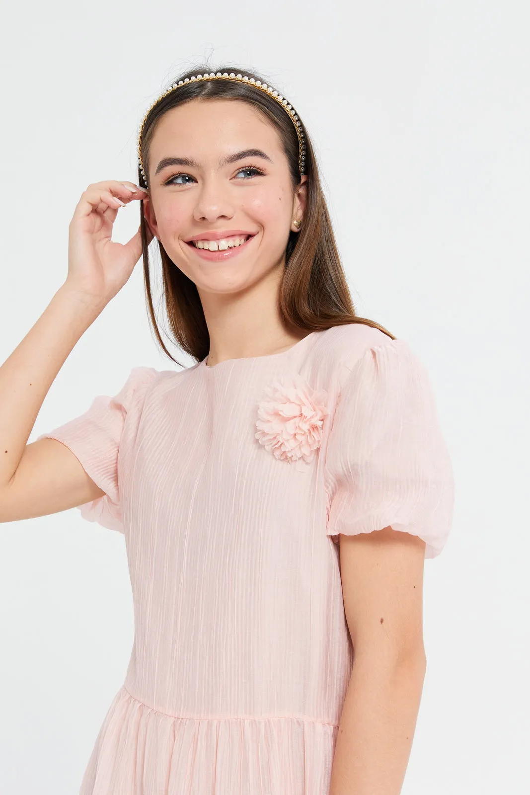 Senior Girls Pink Jacquard Dress