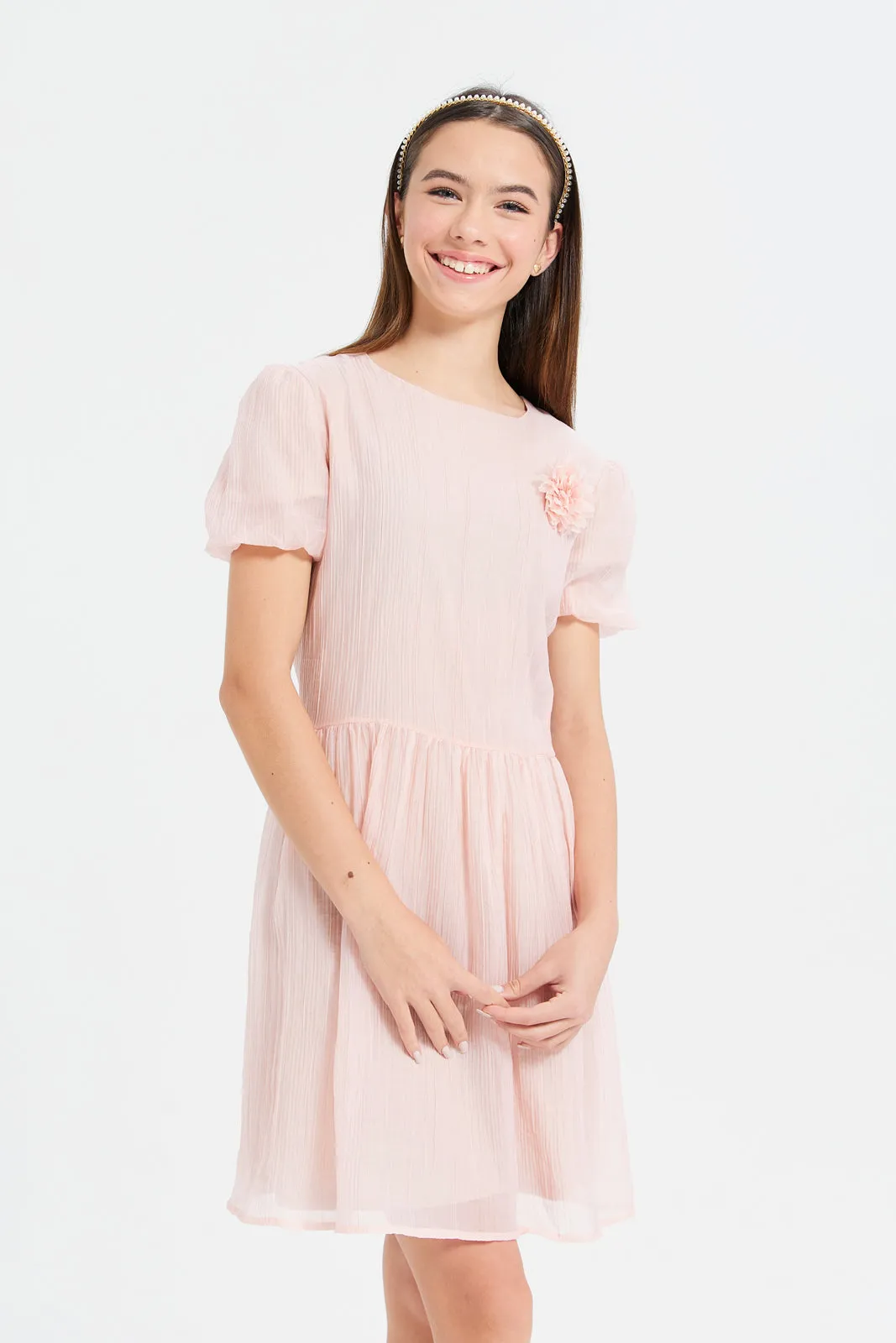 Senior Girls Pink Jacquard Dress